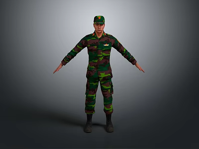 Full Body View Of Standing Male In Camouflage Military Uniform With Cap And Attire Details 3d model