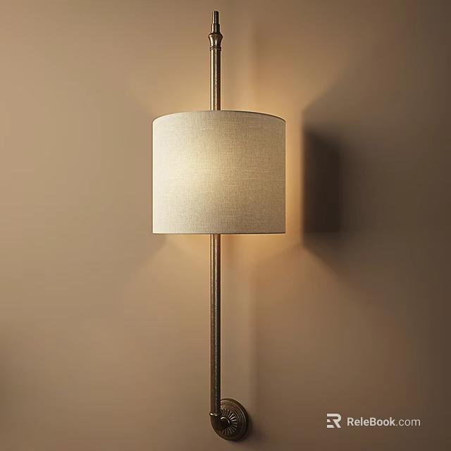 Wall Lamp with Linen Shade and Metal Pole Mounted on Beige Wall Emiting Warm Light 3d model 