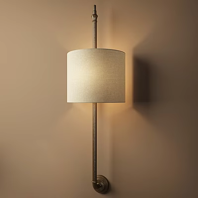 Wall Lamp with Linen Shade and Metal Pole Mounted on Beige Wall Emiting Warm Light 3d model