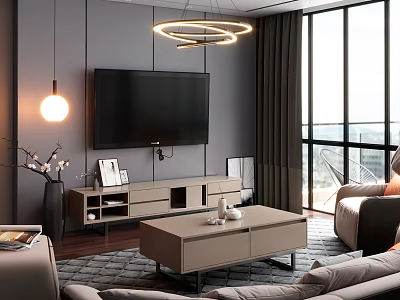 Modern Living Room Interior With Beige Coffee Table Sofa And City View 3d model