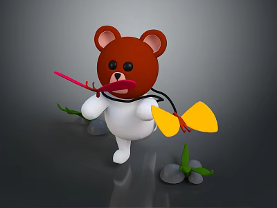 Adorable Cartoon Bear Figure Brown Head White Body Red Stick Yellow Wings Green Plants Stones 3d model