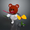Adorable Cartoon Bear Figure Brown Head White Body Red Stick Yellow Wings Green Plants Stones