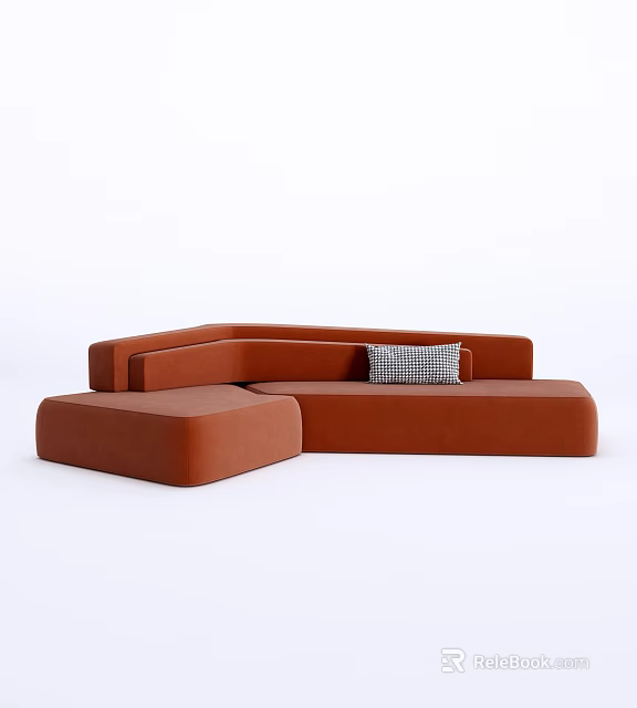 Comfortable Modern Orange Sectional Sofa With Ottoman And Checkered Pillow 3d model