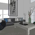 Modern Living Room Featuring Black Sofa Gray Cushions Marble Coffee Table Abstract Painting Floor Lamp
