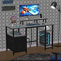 Modern Black Gaming Desk With RGB Lights Computer Monitor Keyboard Mouse And Drawers
