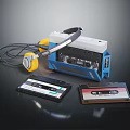 Retro Portable Boombox with Yellow Headphones and Classic Cassette Tapes for Audio Playback Setup
