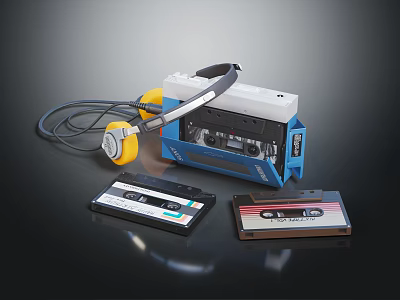 Retro Portable Boombox with Yellow Headphones and Classic Cassette Tapes for Audio Playback Setup 3d model