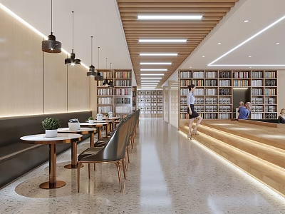 Modern Library Interior With Bookcases And Seating Area 3d model
