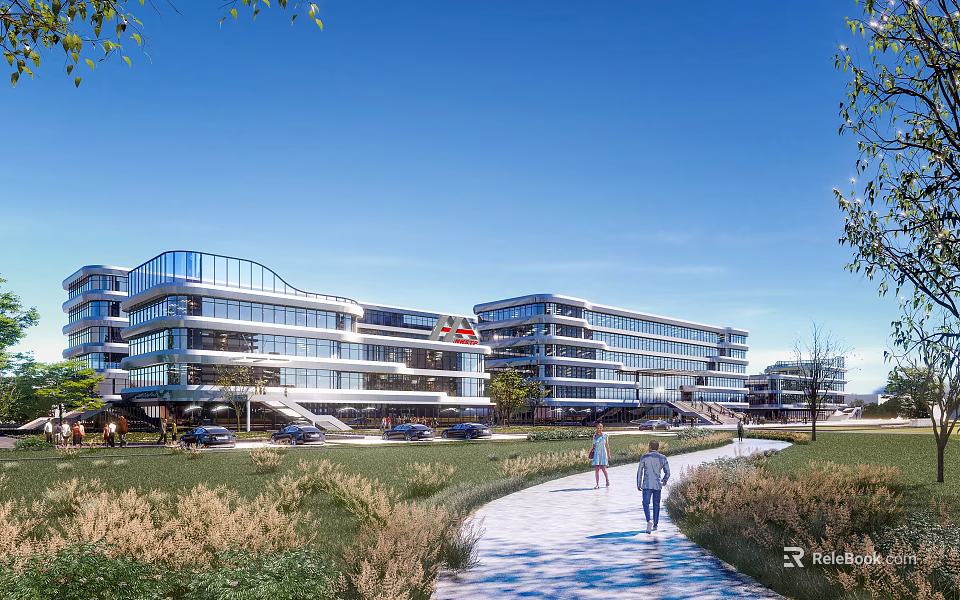 Modern Glass Facade Office Building With Green Area Pedestrians And Pathway 3d model 