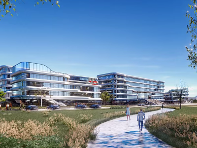 Modern Glass Facade Office Building With Green Area Pedestrians And Pathway 3d model