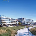 Modern Glass Facade Office Building With Green Area Pedestrians And Pathway