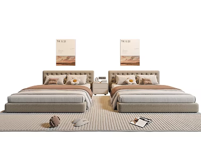 Two Single Beds With Pillows In Modern Bedroom With Nightstands Decorative Paintings And Carpet 3d model