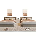 Two Single Beds With Pillows In Modern Bedroom With Nightstands Decorative Paintings And Carpet