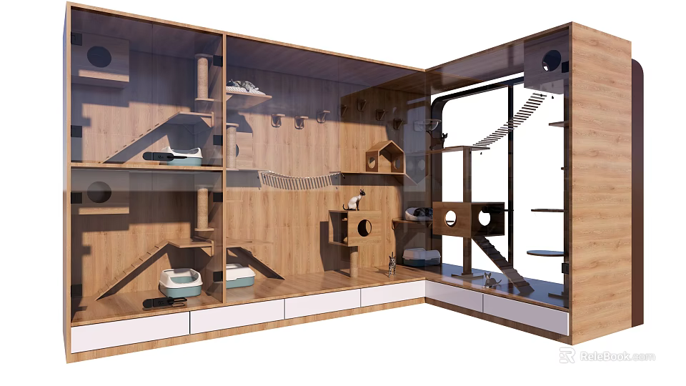 Wooden Multi level Cat Furniture With Platforms Small Houses And Bowls 3d model 