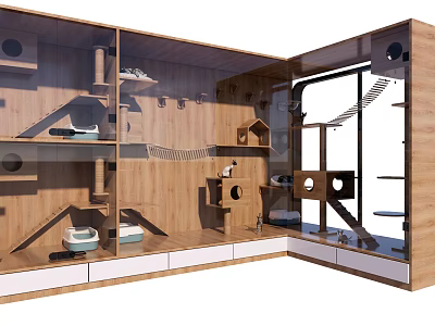 Wooden Multi level Cat Furniture With Platforms Small Houses And Bowls 3d model