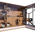 Wooden Multi level Cat Furniture With Platforms Small Houses And Bowls