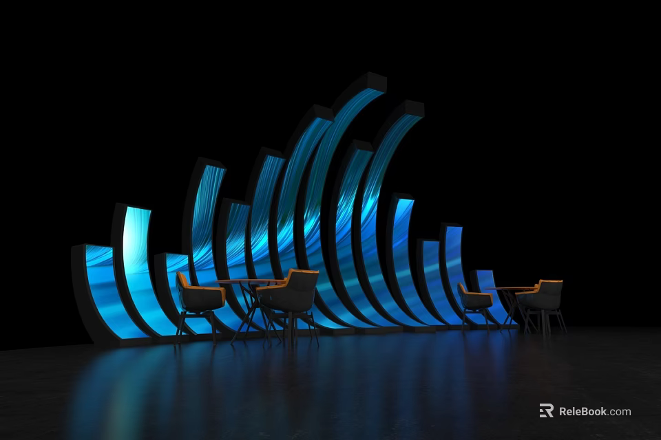 Elegant Curved Structure With Blue LED Lighting And Modern Seating Arrangement 3d model 