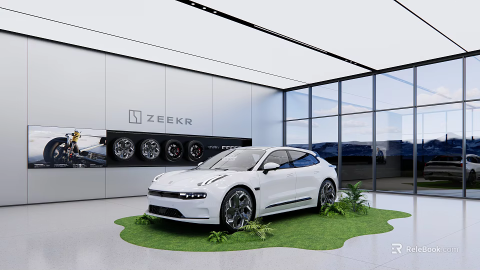 Modern Car Showroom With White ZEEKR Car Green Grass Area And Wheel 3d model 