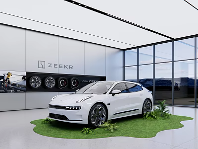 Modern Car Showroom With White ZEEKR Car Green Grass Area And Wheel 3d model