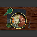 Delicious Ramen Bowl With Soft Boiled Egg Sliced Meat And Seaweed On Bamboo Tray