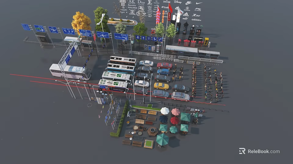 Road Facilities With Traffic Signs Vehicles Bus Stops and Pedestrian Areas 3d model 