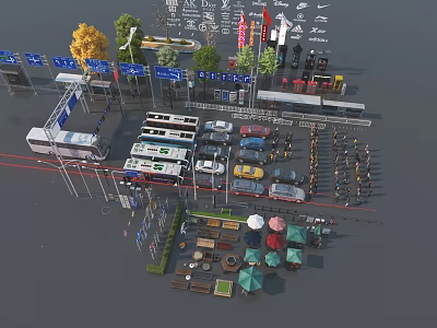 Road Facilities With Traffic Signs Vehicles Bus Stops and Pedestrian Areas 3d model