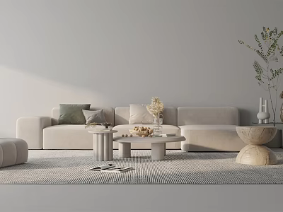 Modern Minimalist Sofa Coffee Table Set With Light Gray Upholstery Throw Pillows and Decorative Plants 3d model