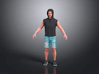 Man In Hooded Sleeveless Top And Distressed Denim Shorts With Sneakers Standing Against Gray Background 3d model