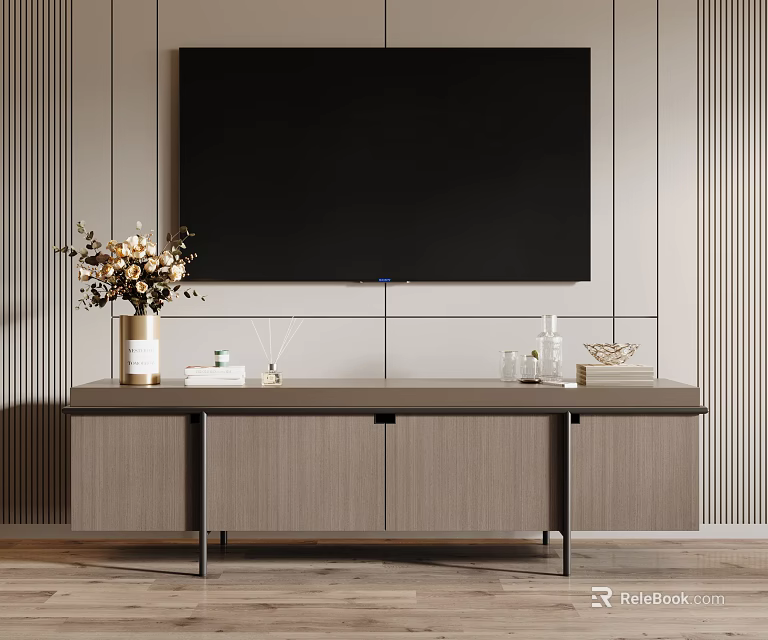 Modern Wooden TV Stand with Decorative Vase with Flowers and Aromatic Bottles Against Striped Wall 3d model 