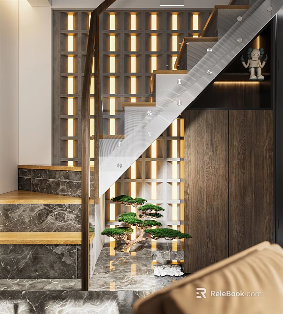 Modern Staircase With Glass Railing Wooden Steps Recessed Lighting And Potted Pine Tree 3d model 