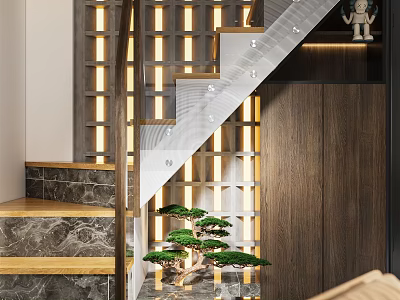 Modern Staircase With Glass Railing Wooden Steps Recessed Lighting And Potted Pine Tree 3d model
