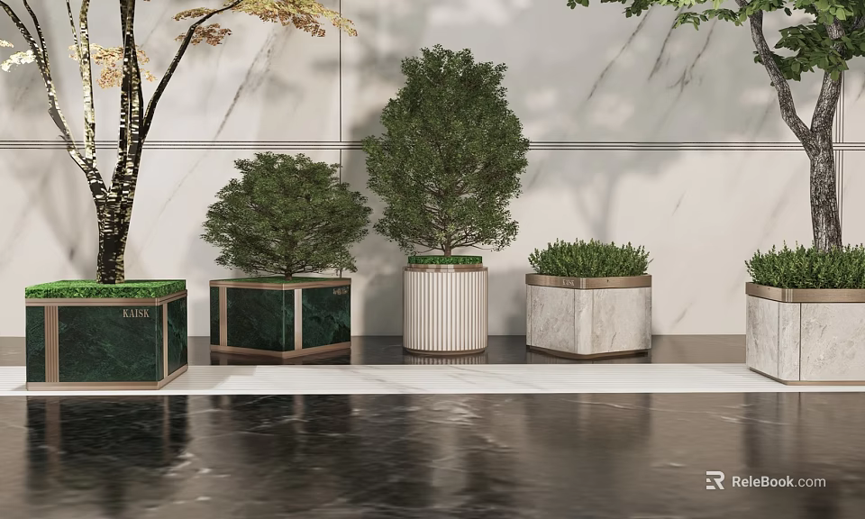 Stylish Indoor Bonsai Plants With Geometric Marble Planters And Green Foliage 3d model 