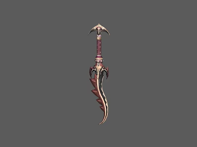 Ornate Fantasy Dagger With Purple Wrapped Handle Curved Serrated Blade And Metallic Accents 3d model