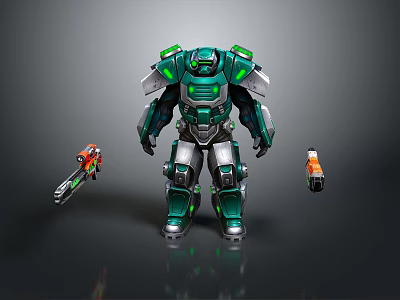 Green And Silver Mech Standing With Small Robots On Dark Background 3d model