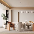 Modern Restaurant Interior With Dining Table Brown Beige Chairs Pendant Lights And Wall Art