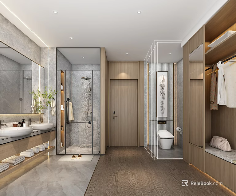 Elegant Modern Hotel Bathroom Interior With Double Sinks Glass Shower And Wooden Wardrobe 3d model 