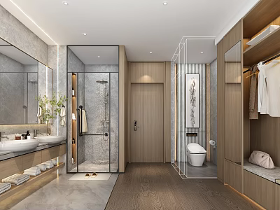 Elegant Modern Hotel Bathroom Interior With Double Sinks Glass Shower And Wooden Wardrobe 3d model