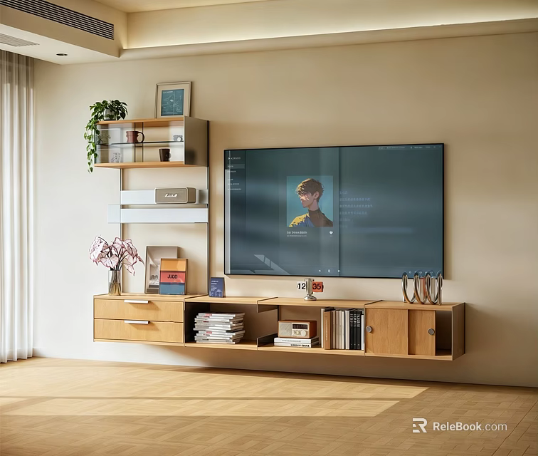 Modern Living Room Wall Mounted TV With Wooden TV Stand Books Decorative Items Green Plant 3d model 