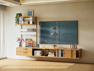 Modern Living Room Wall Mounted TV With Wooden TV Stand Books Decorative Items Green Plant 3d model