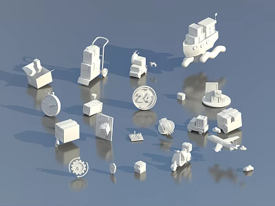 White 3D Miniature Objects Collection Featuring Ship Chair Clock And Shadow Effects 3d model