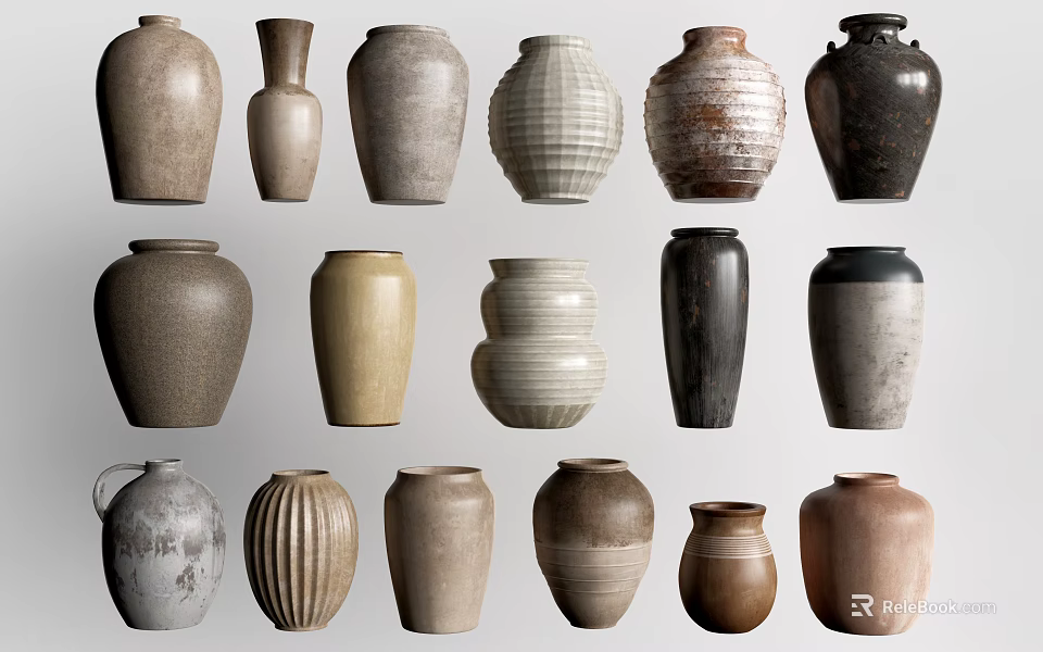 Ceramic Vessels Collection with Various Shapes Textured Surfaces and Neutral Tones 3d model