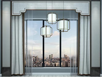 New Chinese Curtain Chandelier Combination 3d model