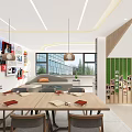 Modern Meeting Room Interior With Wooden Long Table Gray Chairs Green Plants And Large Windows