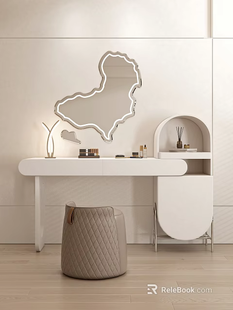 Modern White Dressing Table With Irregular Shaped Mirror Lamp Cosmetics And Drawers 3d model