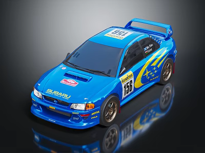 Blue Subaru Race Car Model With Number 186 Yellow Stripes Rear Spoiler And Racing Decals 3d model