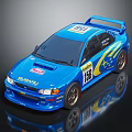 Blue Subaru Race Car Model With Number 186 Yellow Stripes Rear Spoiler And Racing Decals