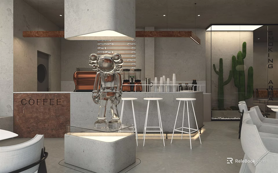 Modern Café Interior With Metal Sculpture White Bar Stools Coffee Machine And Cactus Plant 3d model 