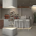 Modern Café Interior With Metal Sculpture White Bar Stools Coffee Machine And Cactus Plant