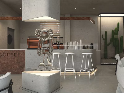 Modern Café Interior With Metal Sculpture White Bar Stools Coffee Machine And Cactus Plant 3d model