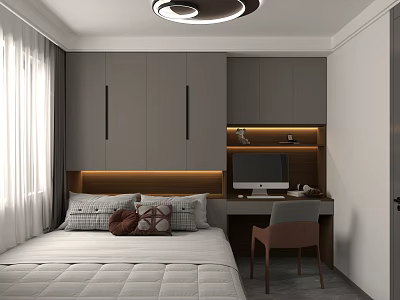 Minimalist Modern Tatami Bedroom With Bed Storage Cabinets Desk And Chair 3d model